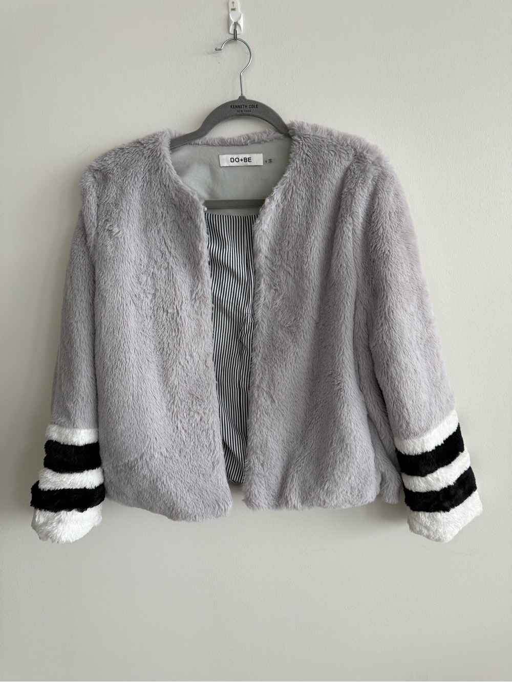 DO+BE Light Gray Faux Fur Jacket with Black & White Striped Cuffs